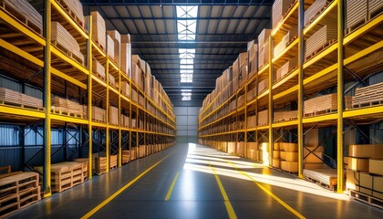 Fototapeta premium an empty industrial warehouse shelves with yellow frames and wooden pallets showcasing clean and organized logistic space summer