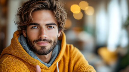 Attractive Young Man with Long Brown Hair and Beard Wearing a Mustard Yellow Hoodie