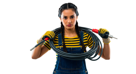 Confident electrician poses with electrical cable, ready for the next project.