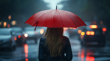 Woman with Red Umbrella in the Rain