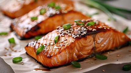 A beautifully plated dish featuring grilled salmon fillets garnished with sesame seeds and green onions, showcasing mouth-watering culinary presentation.