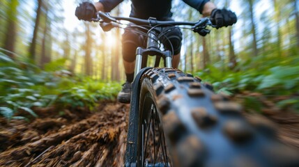 Naklejka premium A dynamic shot of a cyclist navigating a verdant forest trail, capturing the essence of adventure, outdoor sports, and the beauty of nature in motion.