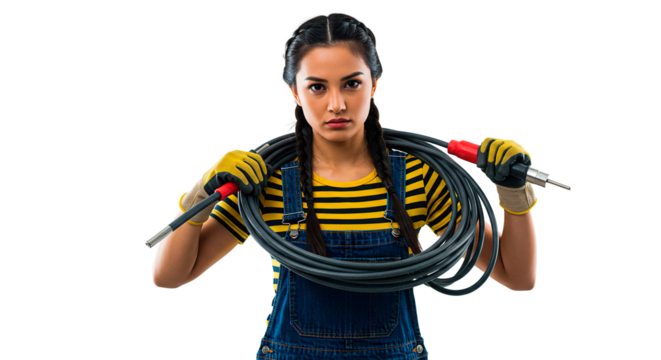 Confident electrician poses with electrical cable, ready for the next project.