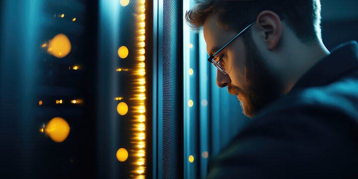 A man with glasses examines glowing panels of server equipment closely. Technology, data center, focus