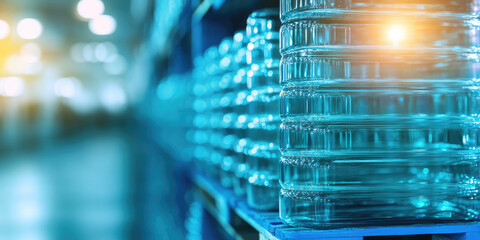 Plastic water bottles are stacked on a blue shelf, reflecting light in a spacious storage area. Industrial storage of bottled water