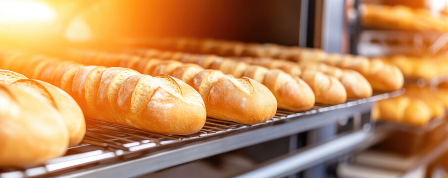 Rows of freshly baked baguettes are cooling on metal racks in a bakery. Fresh bread and baking concept