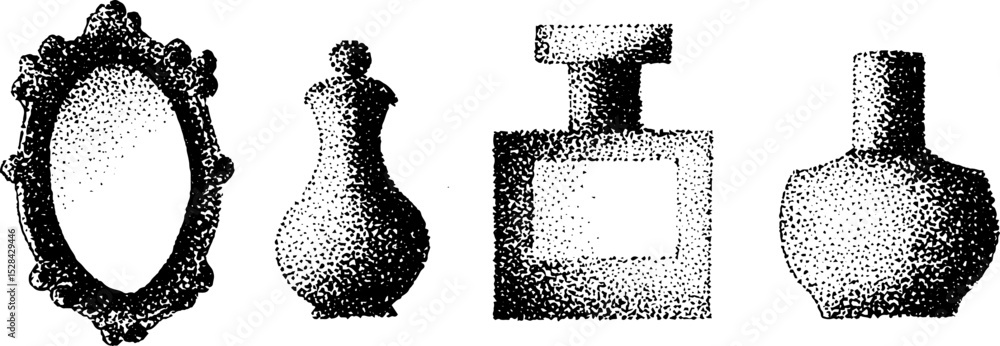 Poster intricate stippling ink artwork of decorative bottles and frame in halftone style