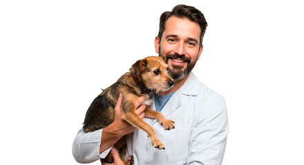 A friendly veterinarian tenderly holds a small dog, exuding care and compassion in this portrait.