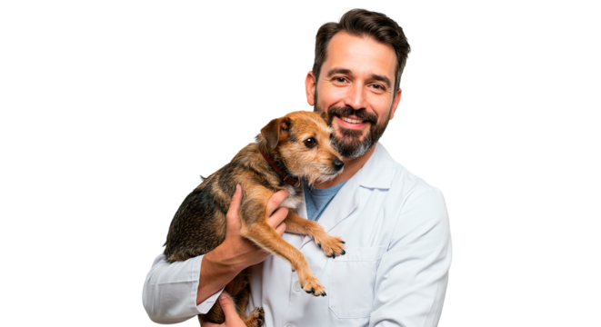 A friendly veterinarian tenderly holds a small dog, exuding care and compassion in this portrait.