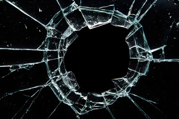 bullet hole on glass black background for overlay, transparent window