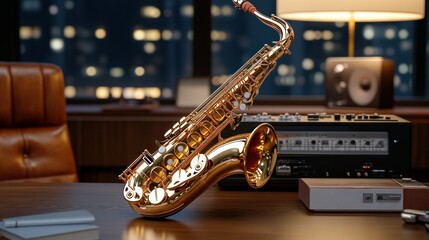 Naklejka premium Gold saxophone on a desk in a dimly lit room with city lights outside