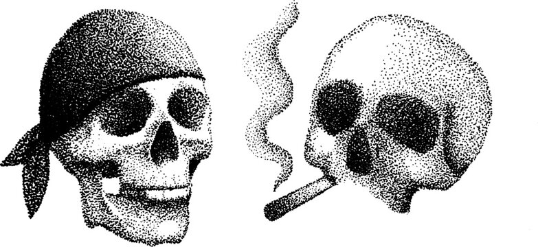 Stippling ink art of skulls with bandana and smoking scene