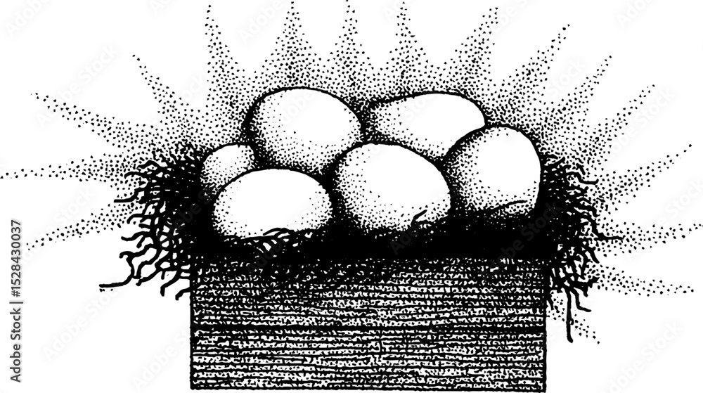 Aufkleber hyper detailed stippling illustration of eggs in nest with ink halftone technique