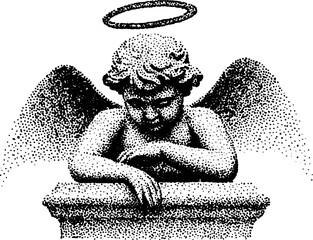 Fototapeta premium Angelic halftone art: stippling ink depiction of a pensive cherub with wings and halo