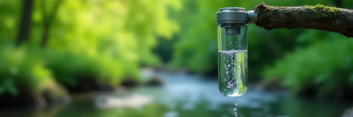 Gravity-fed water filter suspended from tree branch, clear water drips ,  branch,  survival