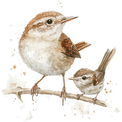 A Mother Wren With Her Kid, watercolor vector, high quality, isolated on a white background.