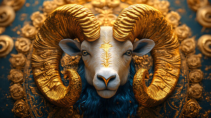Golden Ram Majestic Symbol of Aries Zodiac Sign, Ornate 3D Render