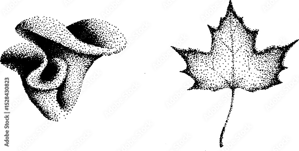 Poster stippling ink halftone art featuring abstract shape and maple leaf design