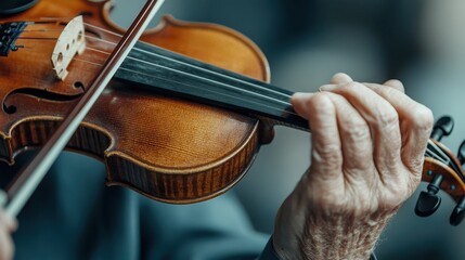 Close-up capturing the artistry of an experienced violinist's hand gripping the instrument, celebrating the passion and dedication behind music performance.