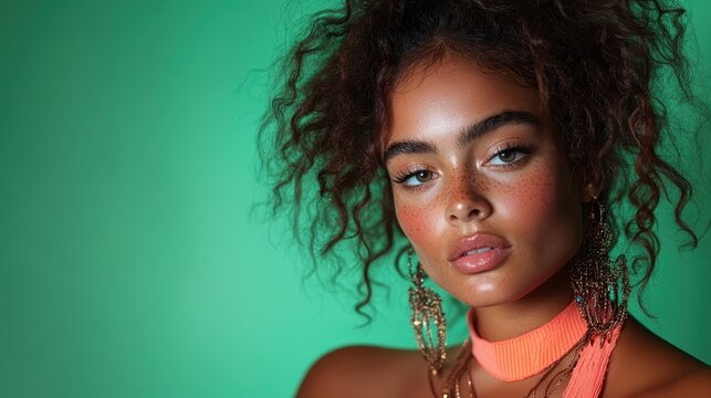 A stunning woman with curly hair, bold makeup, and intricate earrings gazes directly at the camera, showcasing confidence and beauty with a vibrant green background emphasizing her allure.