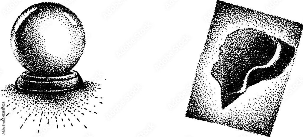 Poster intricate stippling ink art featuring sphere and shell silhouette in halftone style