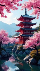 Elegant Japanese pagoda, vibrant cherry blossoms in full bloom , tranquil, heritage, detail