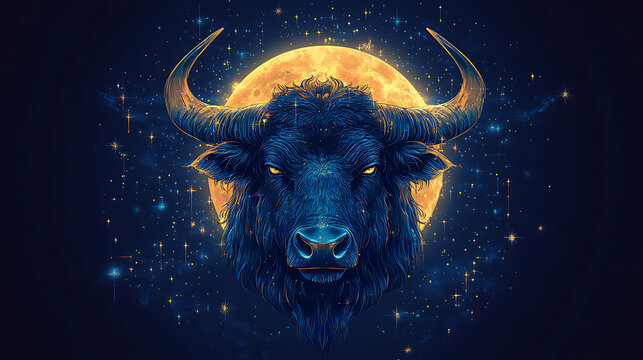 Mystical Taurus Bull Silhouette Against a Cosmic Moon