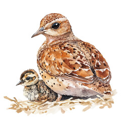 A Mother Woodcock With Her Kid, watercolor clipart vector, high quality, isolated on a white background.