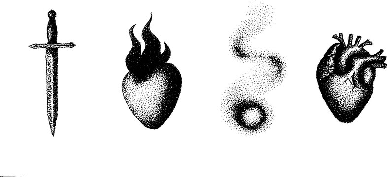 Intricate ink stippling illustrations of sword, flaming heart, spiral, anatomical heart
