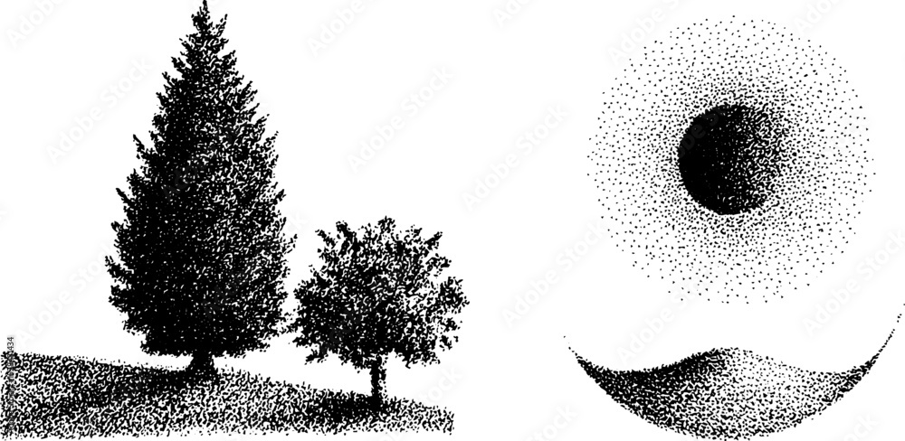 Poster intricate stippling ink art featuring tree silhouette and abstract halftone pattern