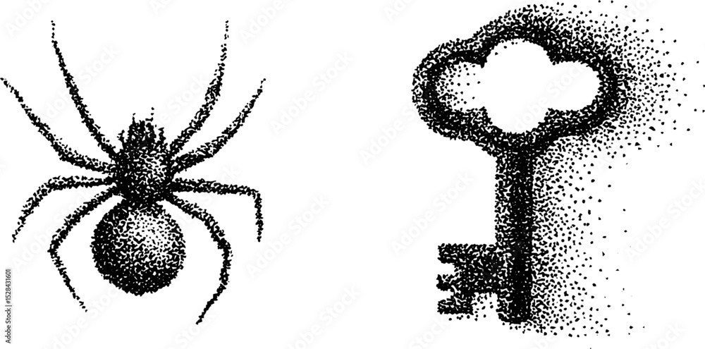 Poster intricate stippling art featuring spider and key in halftone ink style