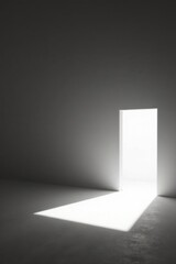 High-contrast studio light illuminates empty interior, dramatic shadows , simple, reflection