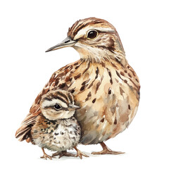 A Mother Woodcock With Her Kid, watercolor clipart vector, high quality, isolated on a white background.