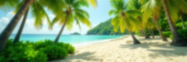 Soft-focus green park, blurred beach, coconut trees, vibrant, park, palm trees