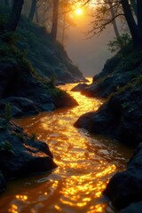 Liquid gold cascades, inky night Dramatic contrast, rich tones , waves, elegant, golden light