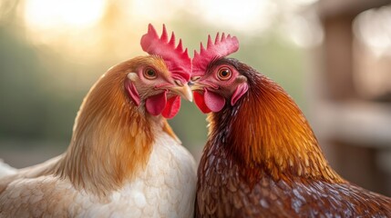 A stunning close-up of two colorful roosters with bright red combs, facing each other against a warm sunset backdrop, symbolizing pecking order and animal beauty.