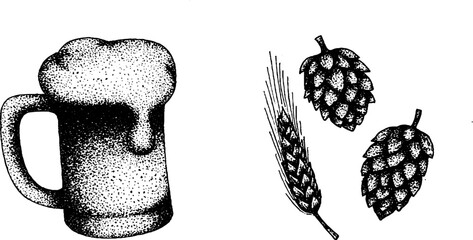 Intricate stippling ink illustration of beer mug and hops for brewing design