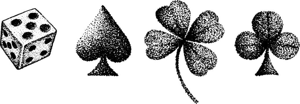 Stippling ink art: dice and card suits inspired by halftone technique