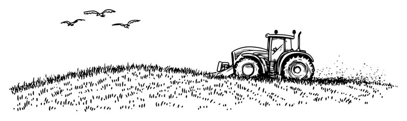 tractor on farmland with birds vector black doodle sketch