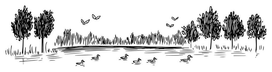 ducks swimming on forest lake vector laser cutting engraving doodle shape