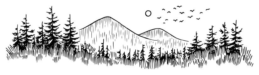 mountain landscape with pine trees vector laser cutting engraving doodle shape
