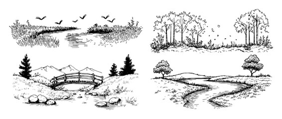landscape with forest trees bridge river vector laser cutting engraving doodle shape