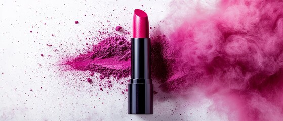 Vibrant Pink Lipstick Surrounded by Powder and Colorful Smoke Effects
