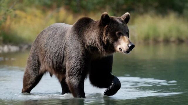 A majestic bear walking through the river, full-body shot, high-definition photography, nature background, wild and rugged scenery, capturing its powerful presence in its natural habitat.