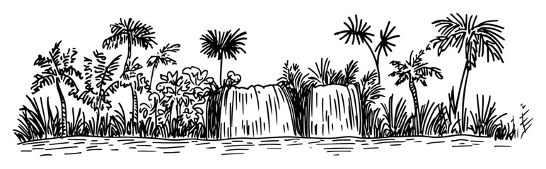 tropical waterfall with palm trees vector laser cutting engraving doodle shape