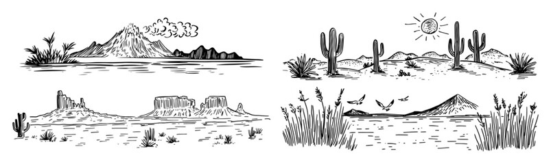 desert landscape with cacti and mesas vector laser cutting engraving doodle shape © Kaz