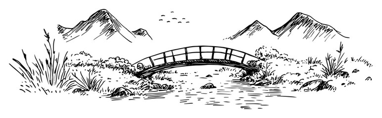 Naklejka premium wooden bridge over river with mountains doodle vector sketch