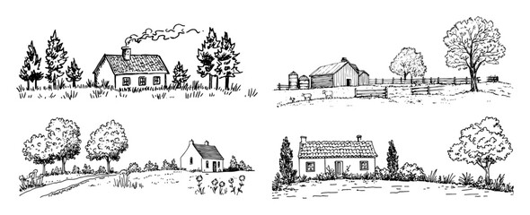 rural countryside houses and trees collection doodle vector sketch © Kaz