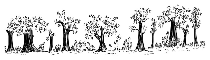 forest tree line with various trunks doodle vector sketch © Kaz