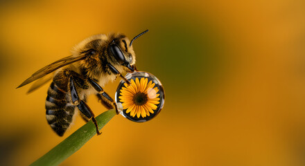 Bee Collecting Dew From Flower Reflection On A Morning